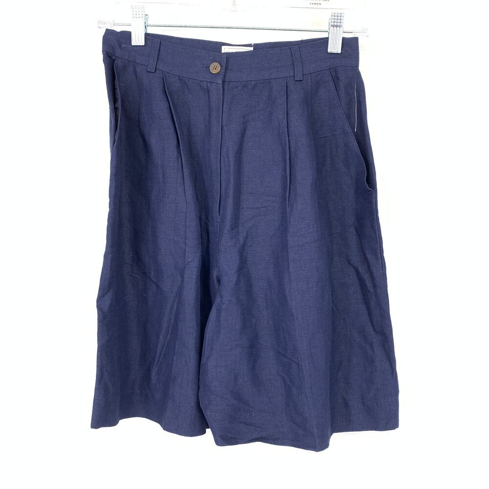 VTG 90s Casual Corner Pleated Front Long Chino Shorts Womens Sz 25" Navy Linen